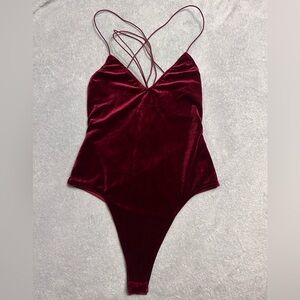 RED VELVET STRAPPY SNAP BODYSUIT